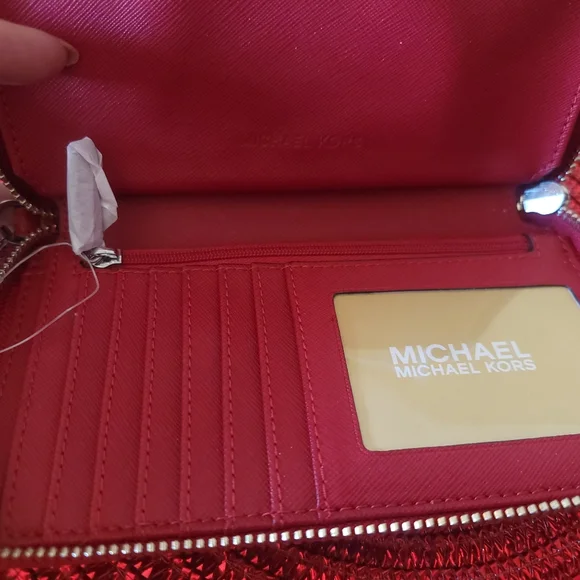 NWT Michael Kors Red Pebble Leather Wristlet LG Flat MF Phone Case Wallet - Picture 12 of 14